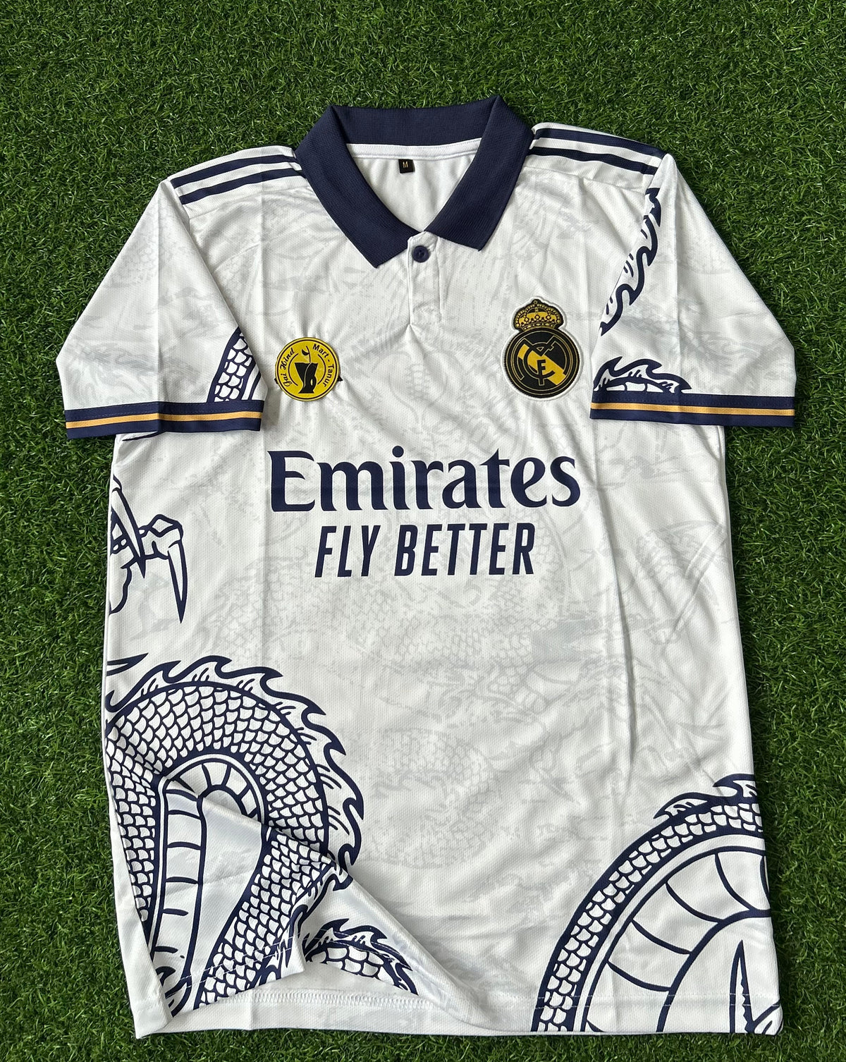 REAL MADRID SPECIAL EDITION DRAGON WHITE JERSEY, HALF SLEEVE  POLO EMBROIDERY